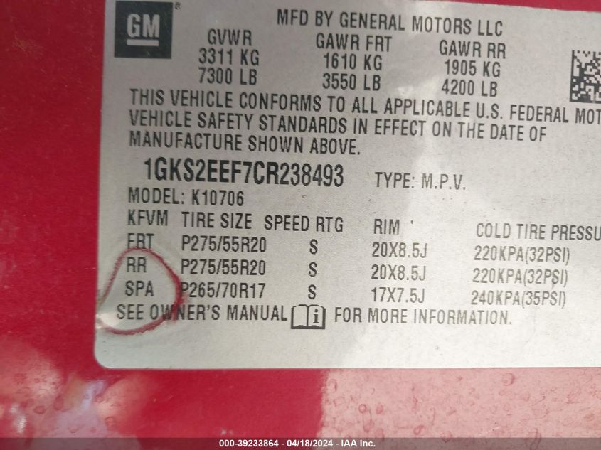 2012 GMC Yukon Denali VIN: 1GKS2EEF7CR238493 Lot: 39233864