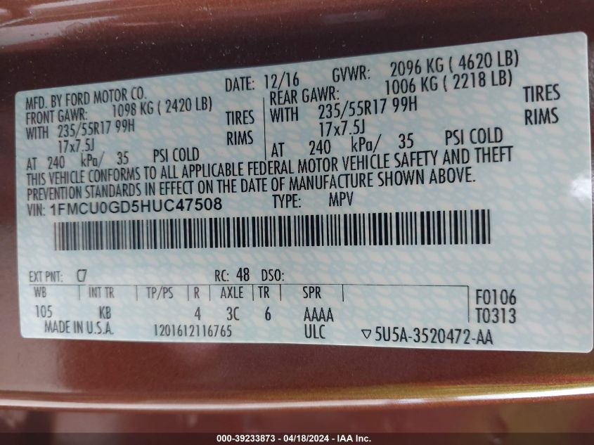 2017 Ford Escape Se VIN: 1FMCU0GD5HUC47508 Lot: 39233873