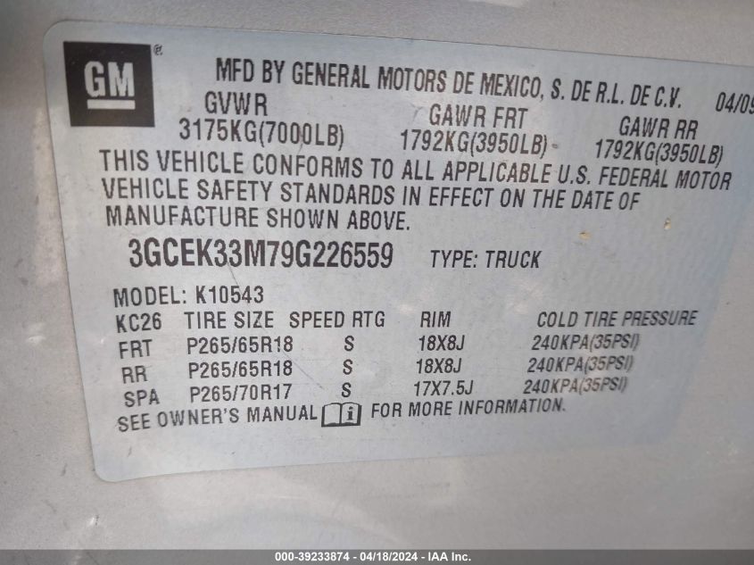 2009 Chevrolet Silverado 1500 Ltz VIN: 3GCEK33M79G226559 Lot: 39233874