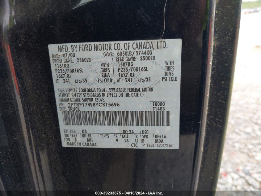 2000 Ford F-150 Work Series/Xl/Xlt VIN: 2FTRF17W8YCB15696 Lot: 39257499