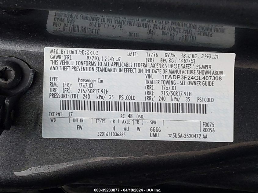 2016 Ford Focus Se VIN: 1FADP3F24GL407308 Lot: 39233877