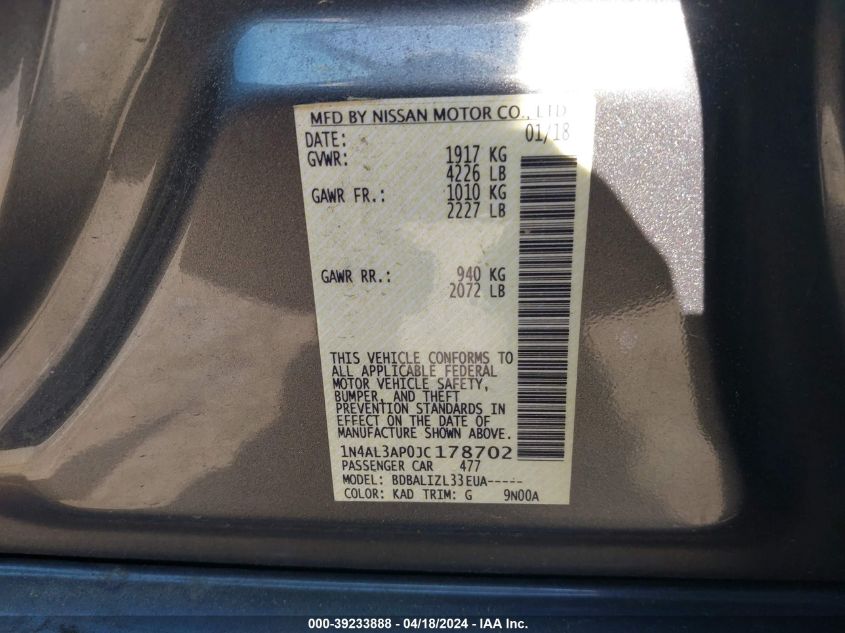 2018 Nissan Altima 2.5 Sv VIN: 1N4AL3AP0JC178702 Lot: 39233888