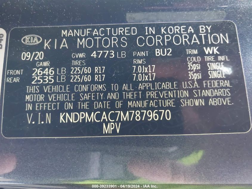 2021 Kia Sportage Lx VIN: KNDPMCAC7M7879670 Lot: 39233901