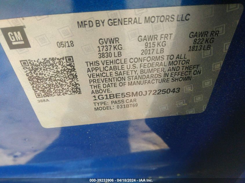 2018 Chevrolet Cruze Lt Auto VIN: 1G1BE5SM0J7225043 Lot: 39233906