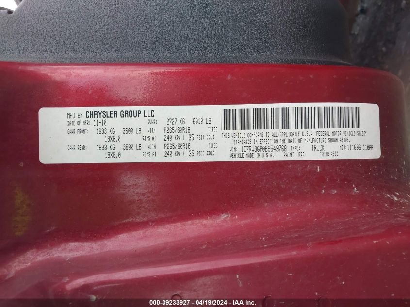 2011 Ram Dakota Bighorn/Lonestar VIN: 1D7RW3GP0BS549768 Lot: 39233927