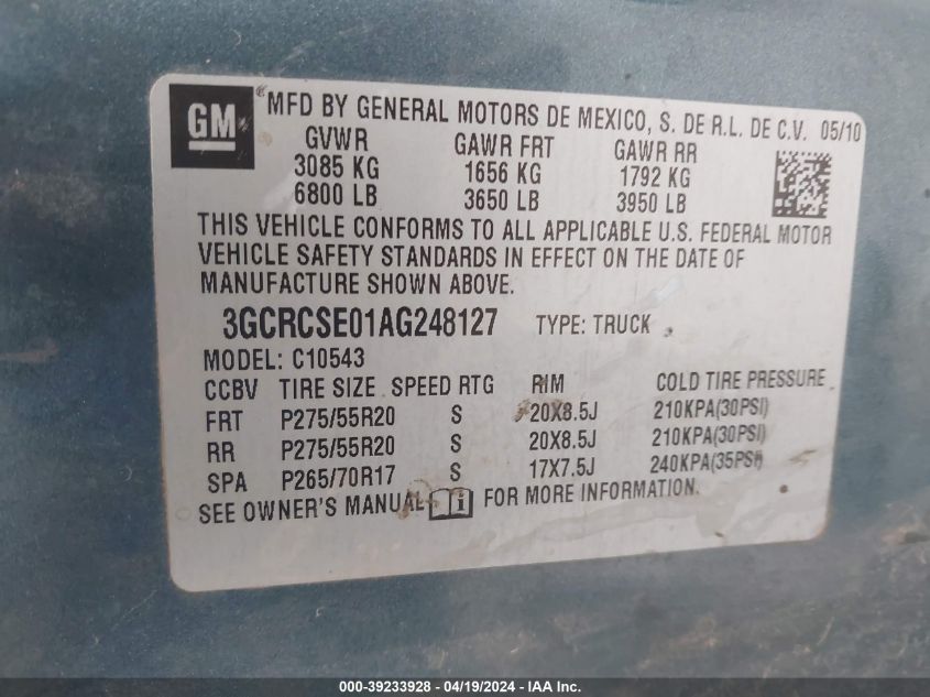 2010 Chevrolet Silverado 1500 Lt VIN: 3GCRCSE01AG248127 Lot: 39233928