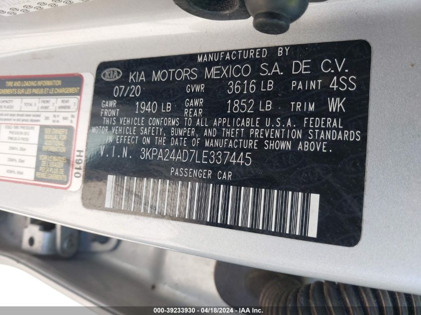 2020 Kia Rio Lx VIN: 3KPA24AD7LE337445 Lot: 39233930