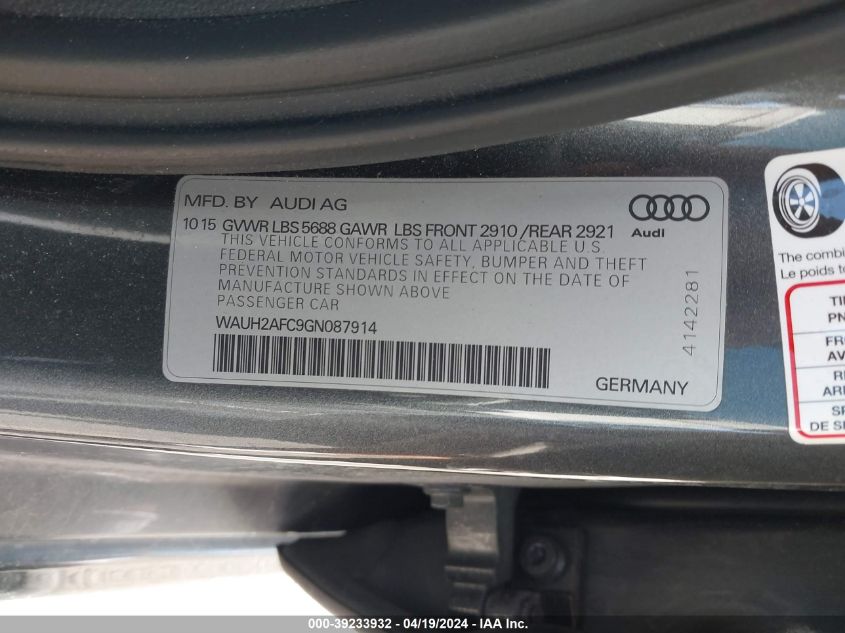 2016 Audi S6 4.0T Premium Plus VIN: WAUH2AFC9GN087914 Lot: 39233932