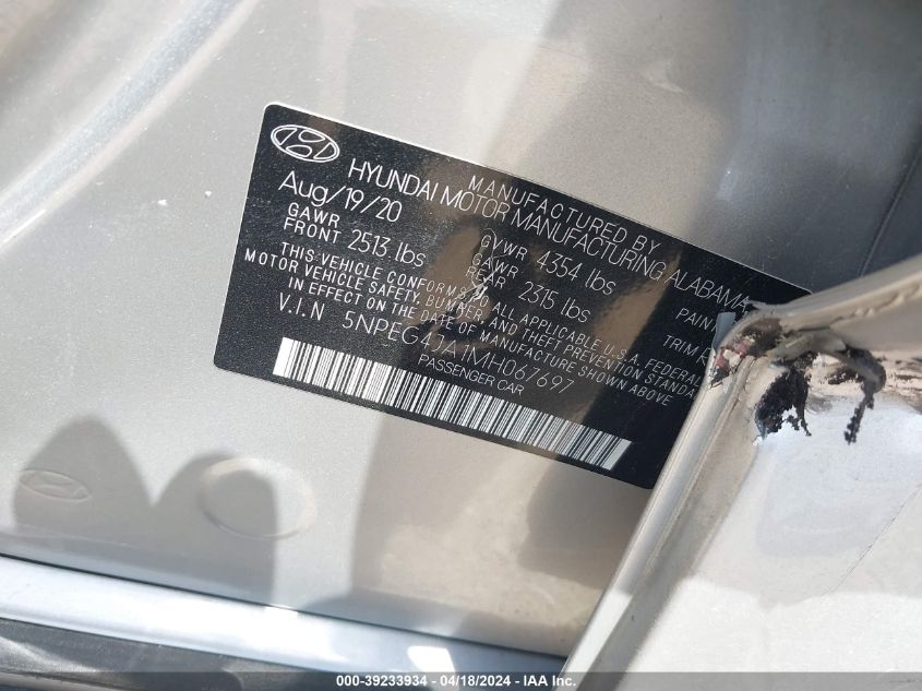 2021 Hyundai Sonata Se VIN: 5NPEG4JA1MH067697 Lot: 39233934