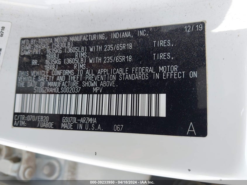 2020 TOYOTA HIGHLANDER VIN: 5TDGZRAH0LS002037
