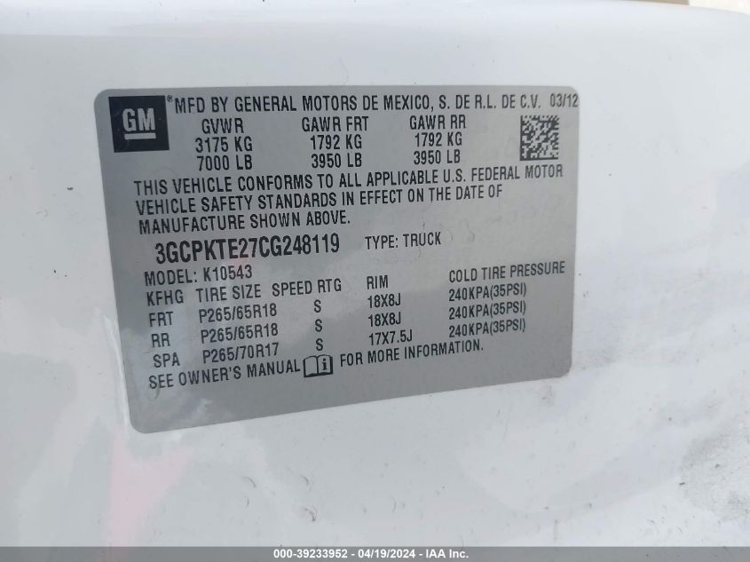 2012 Chevrolet Silverado 1500 Ltz VIN: 3GCPKTE27CG248119 Lot: 39233952