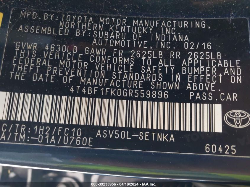 2016 Toyota Camry Le VIN: 4T4BF1FK0GR559896 Lot: 39233956