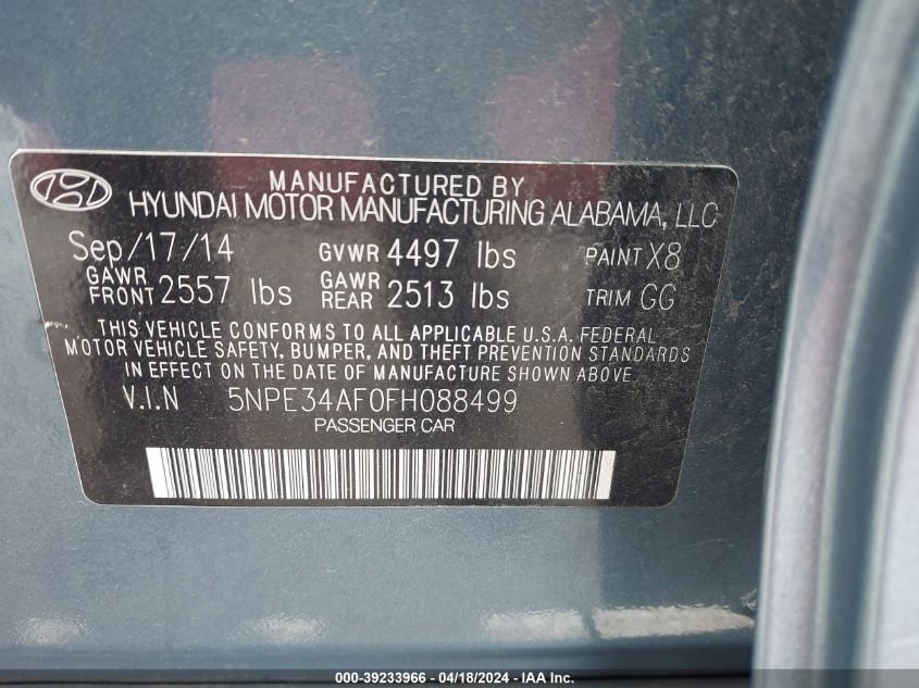 2015 Hyundai Sonata Sport VIN: 5NPE34AF0FH088499 Lot: 39233966