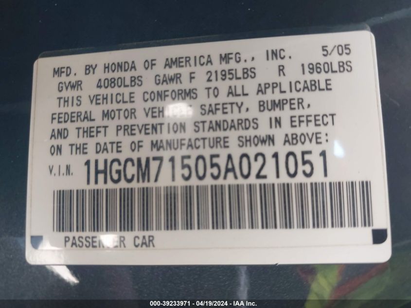2005 Honda Accord 2.4 Lx Special Edition VIN: 1HGCM71505A021051 Lot: 39233971