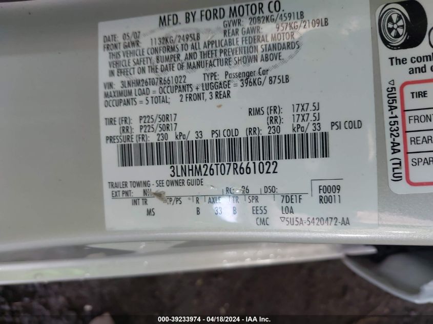 2007 Lincoln Mkz VIN: 3LNHM26T07R661022 Lot: 39233974