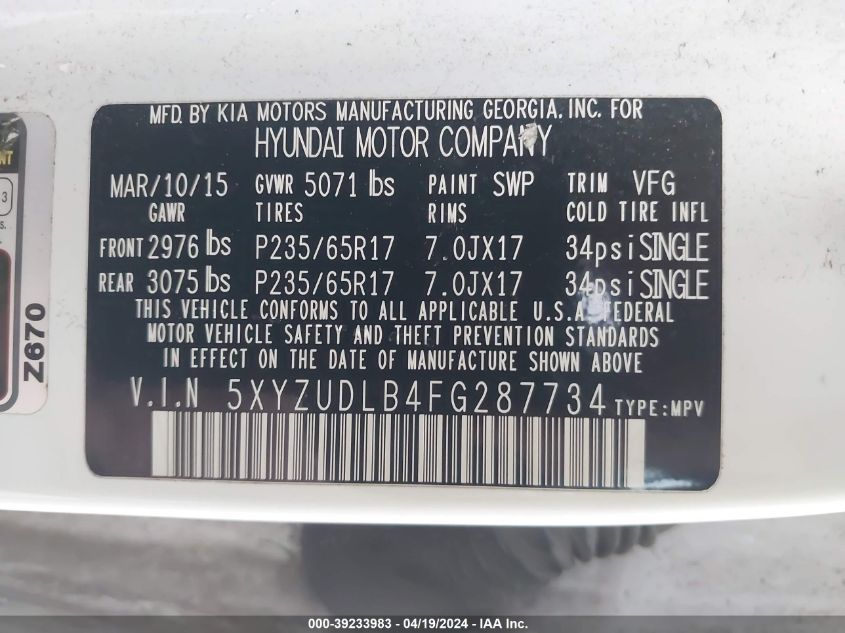 2015 Hyundai Santa Fe Sport 2.4L VIN: 5XYZUDLB4FG287734 Lot: 39233983