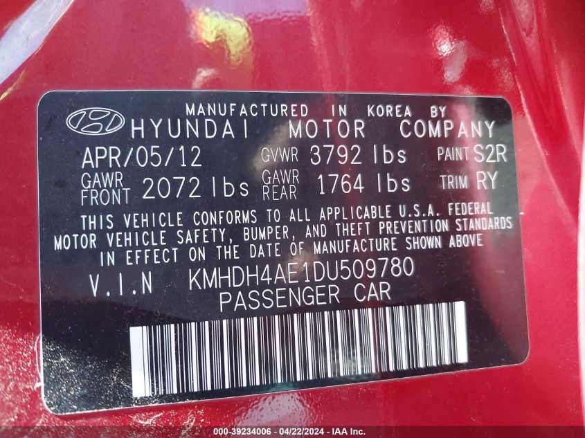 2013 Hyundai Elantra Limited VIN: KMHDH4AE1DU509780 Lot: 48204124