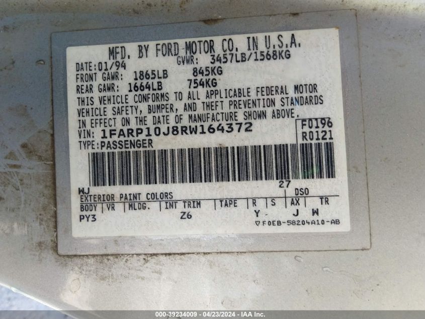 1994 Ford Escort "Cool" VIN: 1FARP10J8RW164372 Lot: 39234009