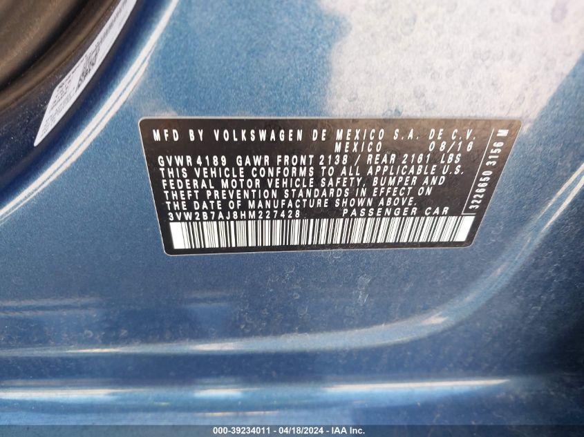 2017 Volkswagen Jetta 1.4T S VIN: 3VW2B7AJ8HM227428 Lot: 39234011