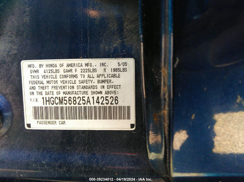 2005 Honda Accord 2.4 Ex VIN: 1HGCM56825A142526 Lot: 39234012