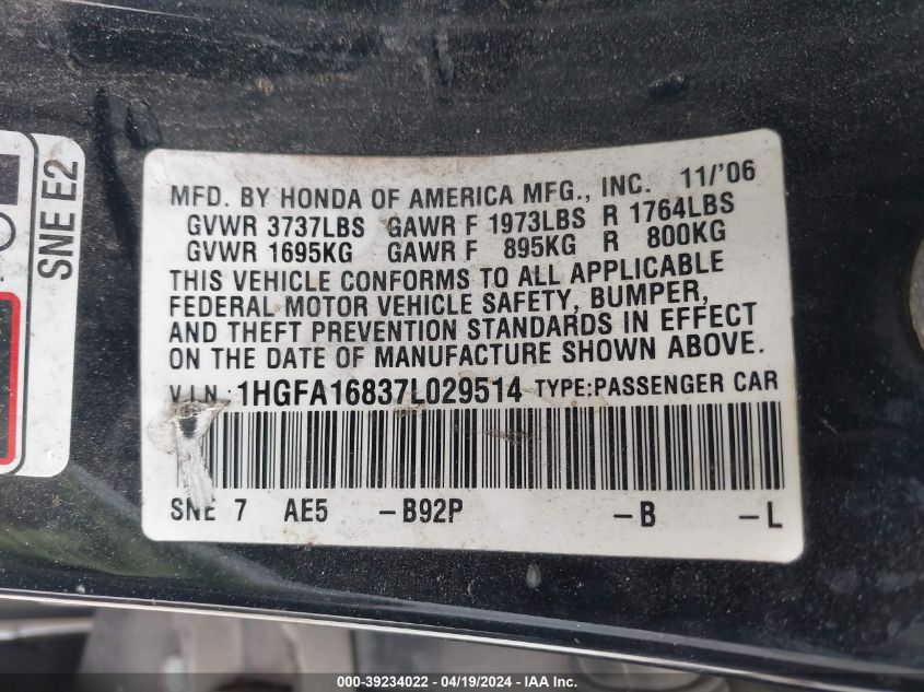 2007 Honda Civic Ex VIN: 1HGFA16837L029514 Lot: 39234022