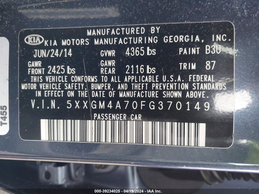 2015 Kia Optima Lx VIN: 5XXGM4A75FG459294 Lot: 39234025