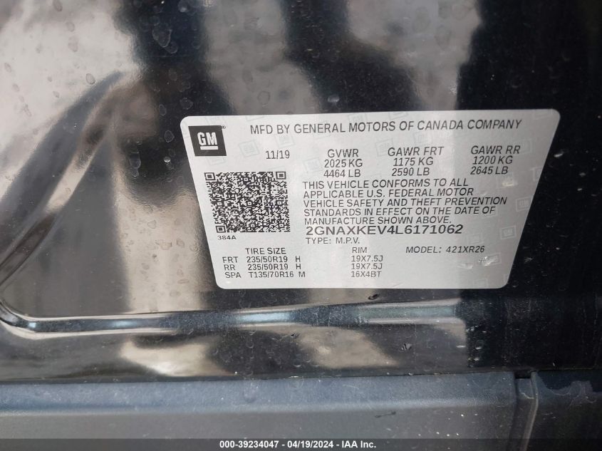 2020 Chevrolet Equinox Fwd Lt 1.5L Turbo VIN: 2GNAXKEV4L6171062 Lot: 39234047