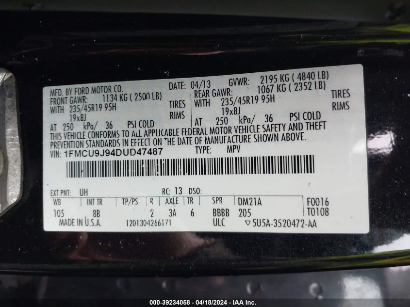 2013 Ford Escape Titanium VIN: 1FMCU9J94DUD47487 Lot: 39234058