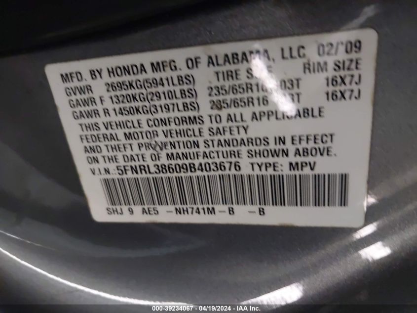 2009 Honda Odyssey Ex-L VIN: 5FNRL38609B403676 Lot: 39234067