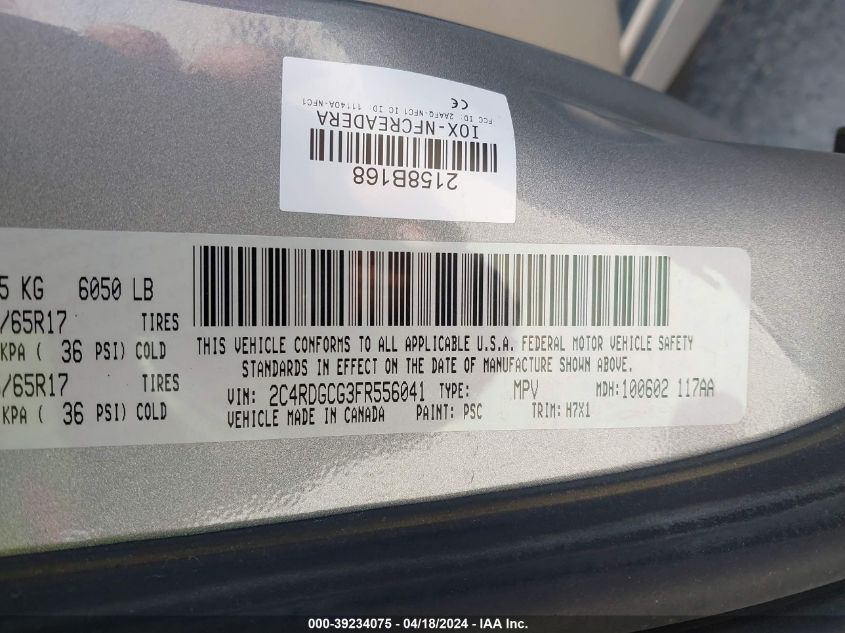 2015 Dodge Grand Caravan Sxt VIN: 2C4RDGCG3FR556041 Lot: 39234075