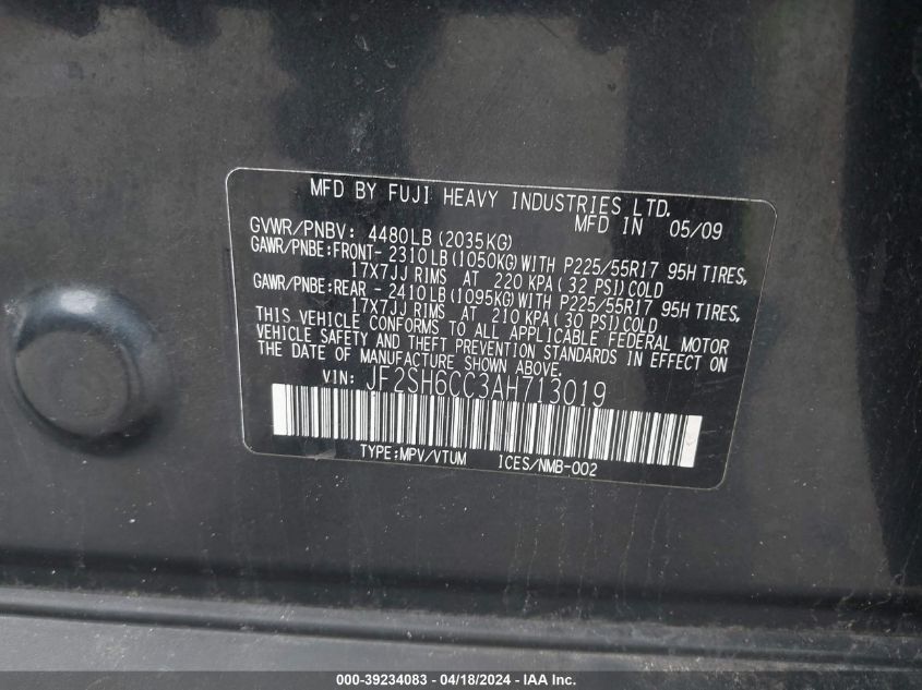 2010 Subaru Forester 2.5X Premium VIN: JF2SH6CC3AH713019 Lot: 39234083