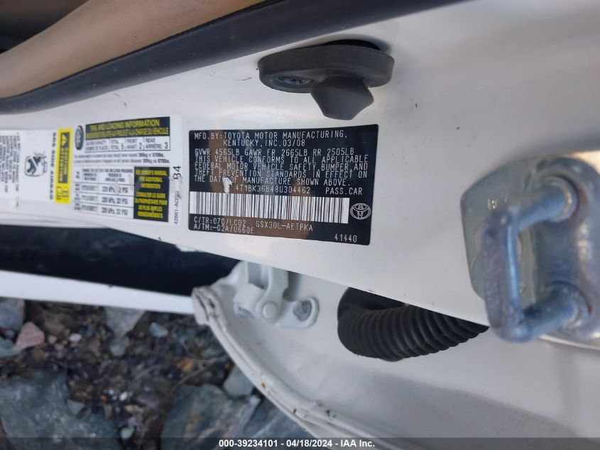 2008 Toyota Avalon Limited VIN: 4T1BK36B48U304462 Lot: 39234101