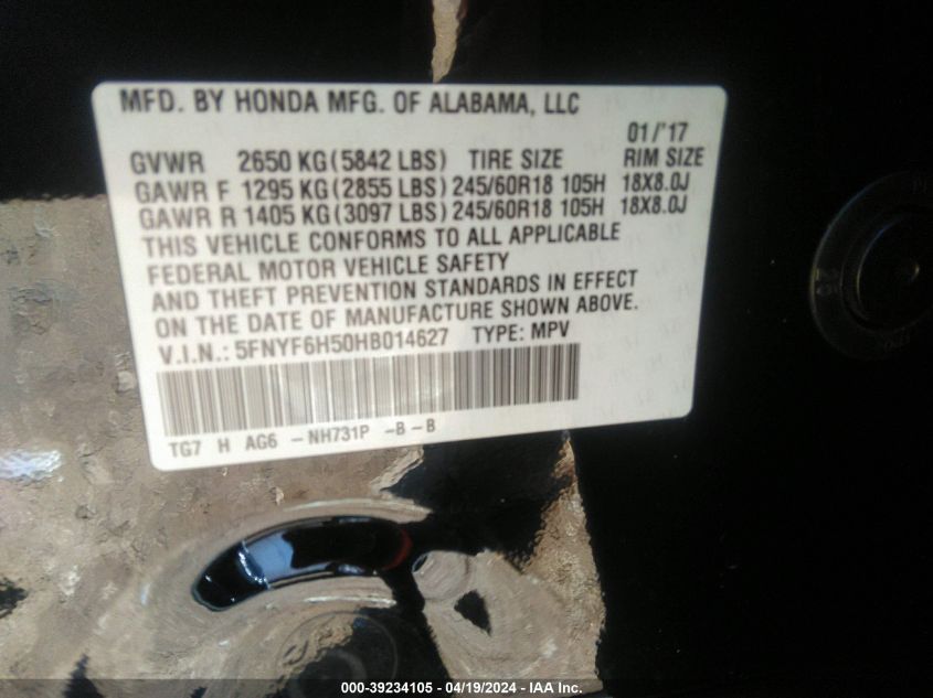 2017 Honda Pilot Ex-L VIN: 5FNYF6H50HB01462 Lot: 39234105