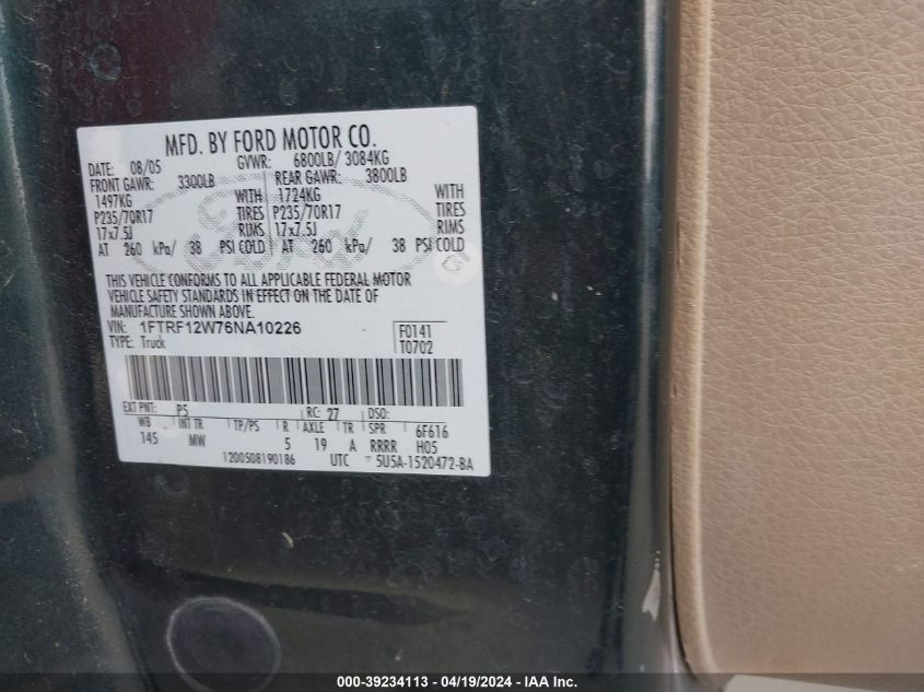 2006 Ford F-150 Stx/Xl/Xlt VIN: 1FTRF12W76NA10226 Lot: 39234113