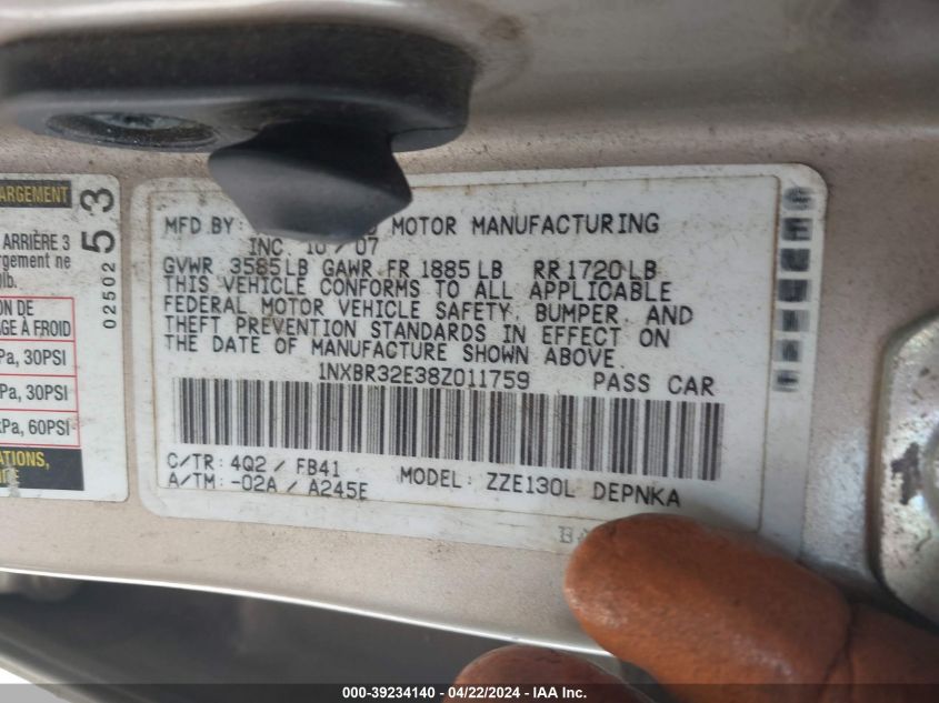 2008 Toyota Corolla Le VIN: 1NXBR32E38Z011759 Lot: 39234140