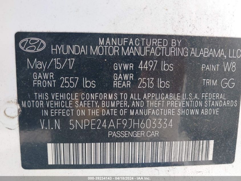 2018 Hyundai Sonata Se VIN: 5NPE24AF9JH603334 Lot: 39234143