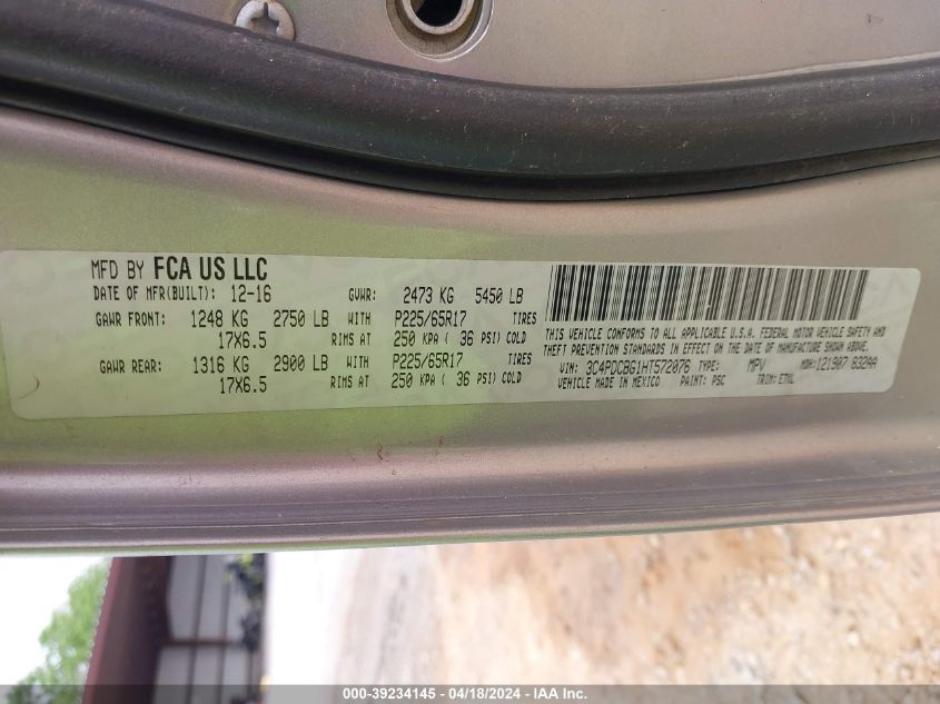 2017 Dodge Journey Sxt VIN: 3C4PDCBG1HT572076 Lot: 39234145