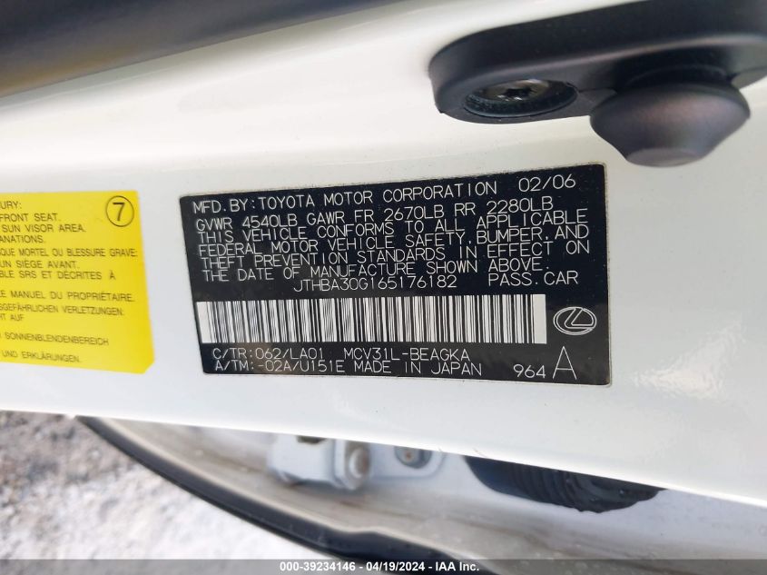 2006 Lexus Es 330 VIN: JTHBA30G165176182 Lot: 39234146