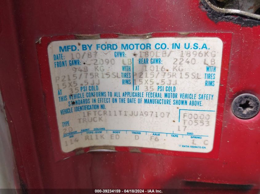 1988 Ford Ranger VIN: 1FTCR11T1JUA97107 Lot: 39234159