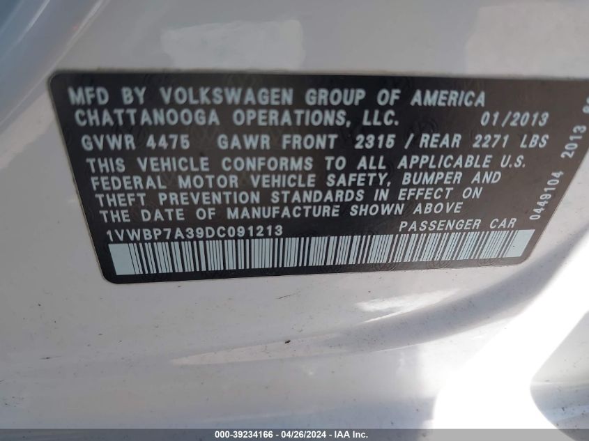 2013 Volkswagen Passat 2.5L Se VIN: 1VWBP7A39DC091213 Lot: 39234166