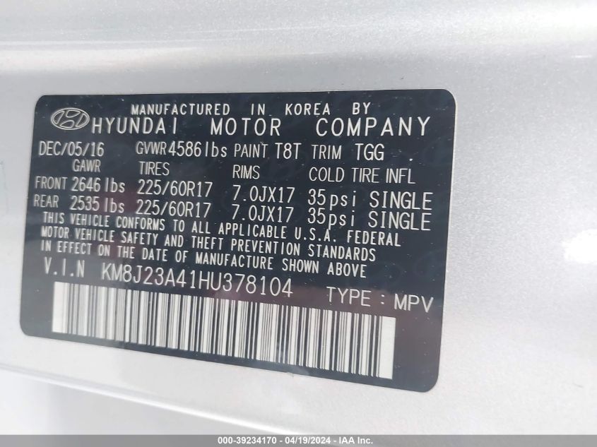 2017 Hyundai Tucson Se VIN: KM8J23A41HU378104 Lot: 39234170