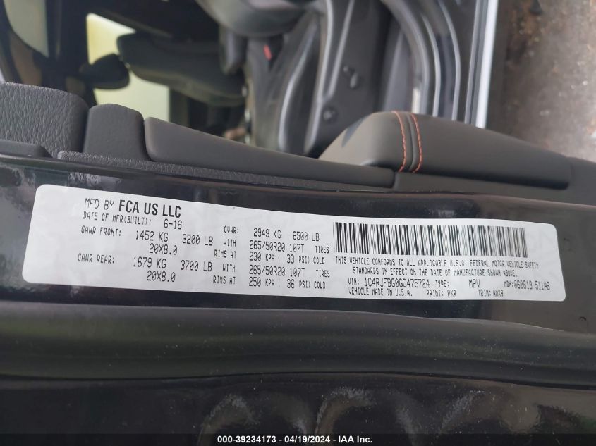 2016 Jeep Grand Cherokee Limited 75Th Anniversary VIN: 1C4RJFBG0GC475724 Lot: 39234173