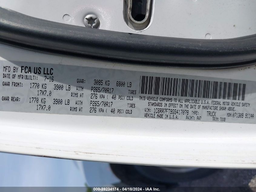 2016 Ram 1500 Tradesman VIN: 1C6RR7FT9GS417078 Lot: 39234174