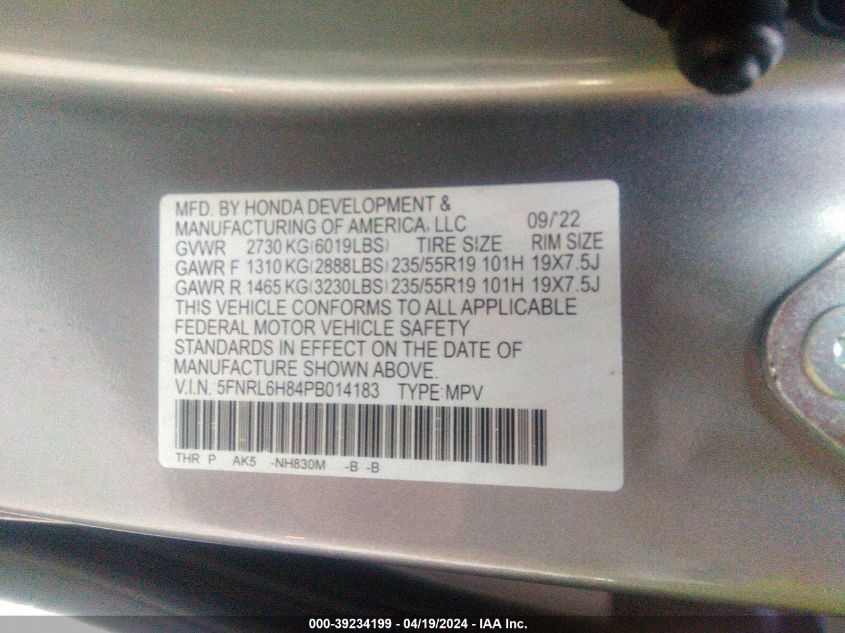 2023 Honda Odyssey Touring VIN: 5FNRL6H84PB014183 Lot: 39234199