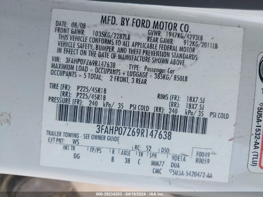 2009 Ford Fusion Se VIN: 3FAHP07Z69R147638 Lot: 39234203