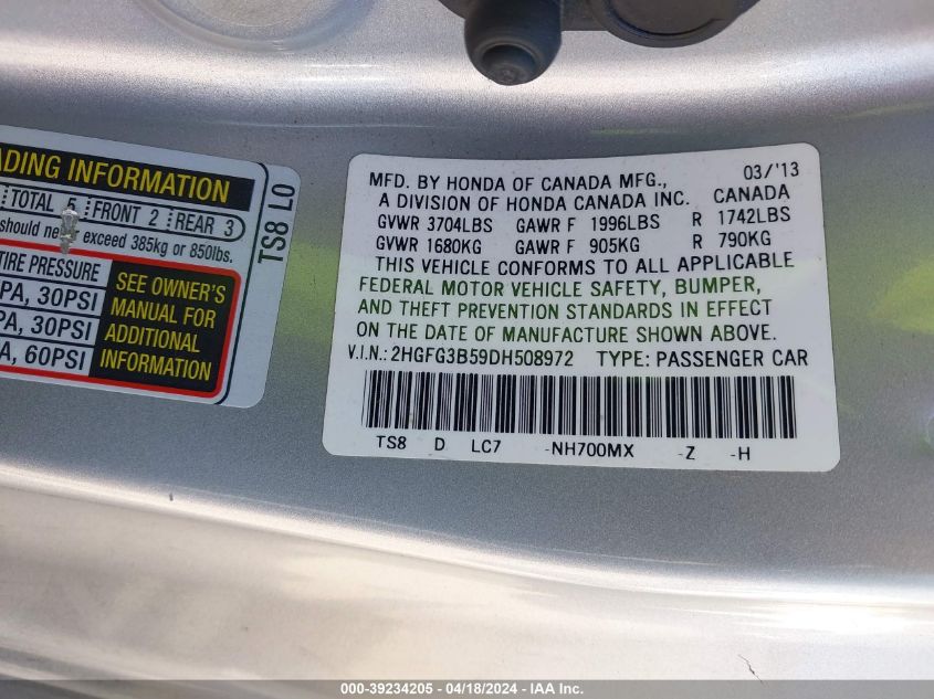 2013 Honda Civic Lx VIN: 2HGFG3B59DH508972 Lot: 39234205