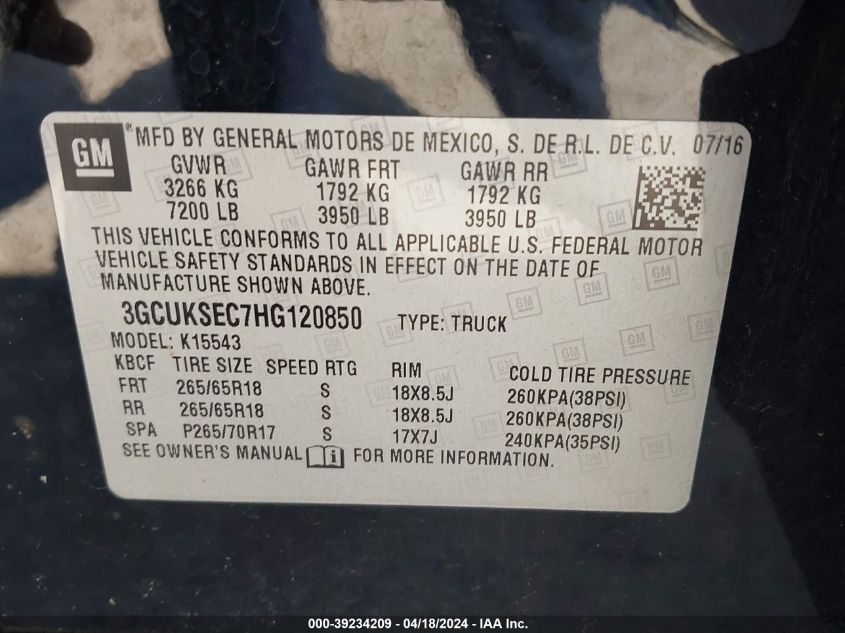 2017 Chevrolet Silverado 1500 2Lz VIN: 3GCUKSEC7HG120850 Lot: 39234209