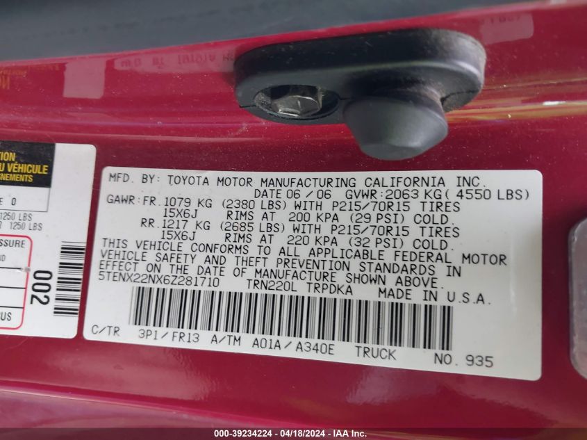 2006 Toyota Tacoma VIN: 5TENX22NX6Z281710 Lot: 39234224