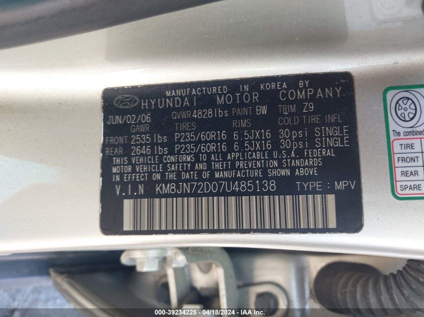 2007 Hyundai Tucson Limited/Se VIN: KM8JN72D07U485138 Lot: 39234225