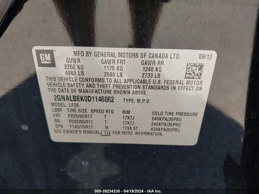 2013 Chevrolet Equinox Ls VIN: 2GNALBEK0D1146062 Lot: 39234230